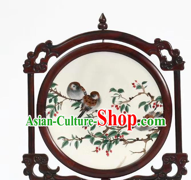 China Handmade Suzhou Embroidery Birds Painting Desk Screen Rosewood Table Decoration