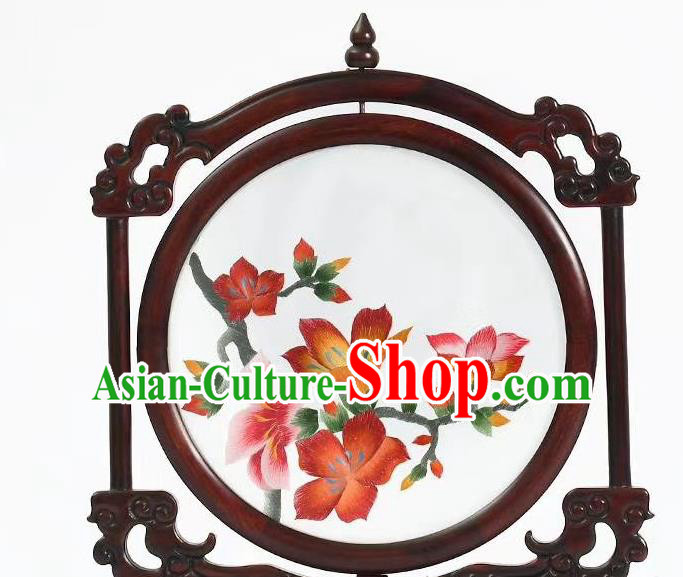 China Handmade Embroidery Mangnolia Table Decoration Suzhou Rosewood Artware Embroidered Painting Desk Screen