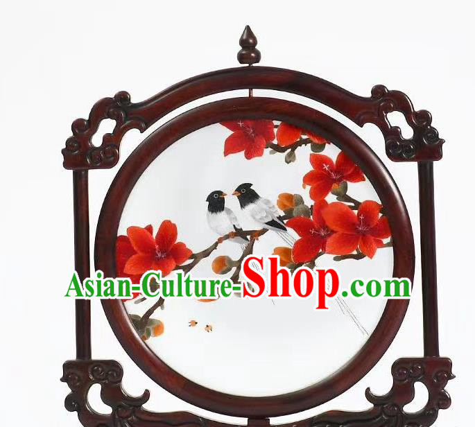 China Red Flowers Desk Screen Rosewood Artware Handmade Suzhou Embroidered Painting Craft Embroidery Table Decoration