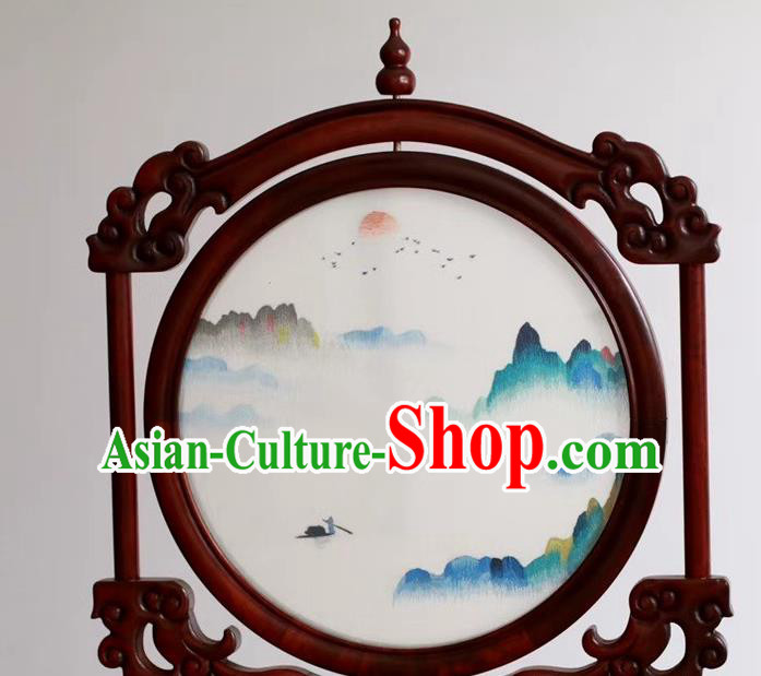 China Handmade Suzhou Embroidered Painting Craft Embroidery Table Decoration Sunset Glow Desk Screen Rosewood Artware