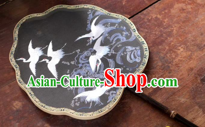 China Suzhou Embroidery Cranes Double Side Fan Palace Fan Classical Dance Silk Fans Ancient Black Bamboo Fan