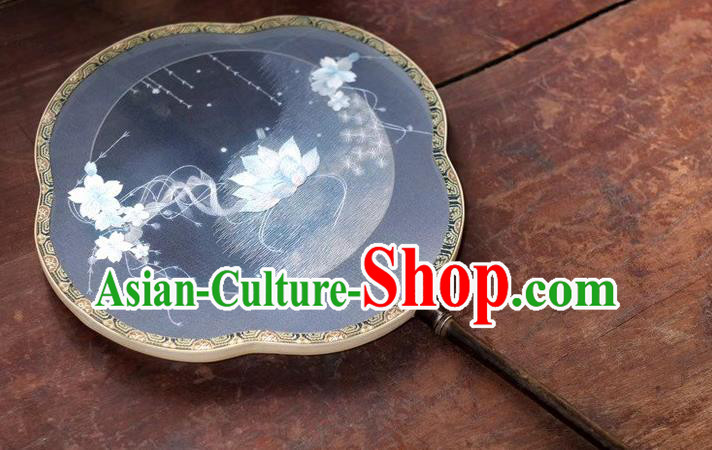 China Suzhou Embroidery Lotus Double Side Fan Classical Dance Silk Fans Ancient Black Bamboo Fan Palace Fan