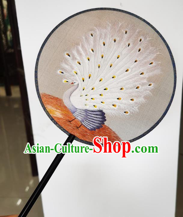 China Ancient Princess Palace Fan Suzhou Embroidery White Peacock Silk Fan Double Side Fans