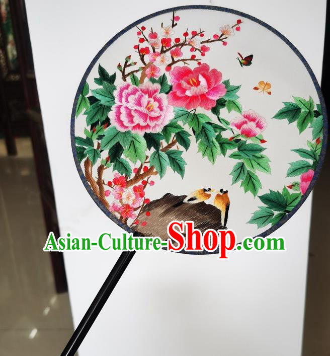 China Embroidery Peony Plum Silk Fan Ancient Princess Palace Fan Suzhou Double Side Fans