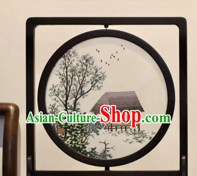 China Traditional Handmade Table Ornament Suzhou Embroidered Village Scene Desk Screen Embroidery Rosewood Craft