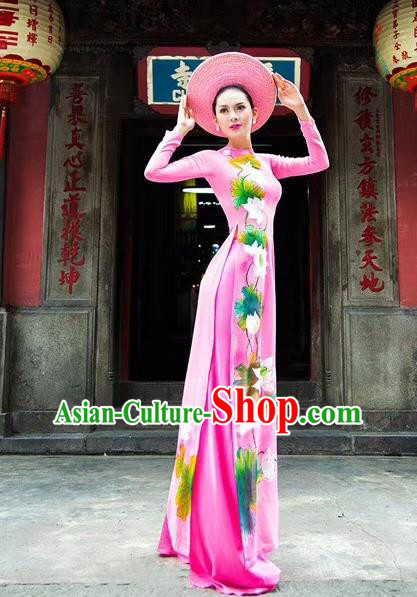 Asian Vietnam Traditional Costumes Vietnamese Classical Aodai Qipao Dress Printing Lotus Cheongsam and Pants for Women