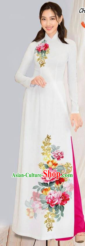Asian Vietnam Traditional Costumes Vietnamese Classical Aodai Qipao Dress Printing Flowers White Cheongsam and Pants for Women