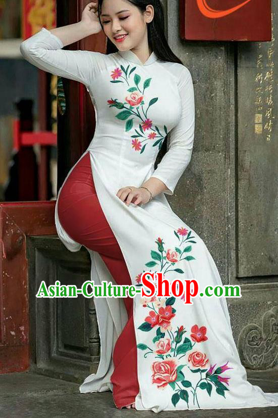 Asian Vietnam Printing Roses Ao Dai Qipao Traditional Vietnamese Cheongsam Costumes Classical Dress and Red Pants for Women