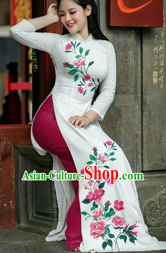 Asian Vietnam Printing Roses Ao Dai Qipao Traditional Vietnamese Cheongsam Costumes Classical Dress and Wine Red Pants for Women
