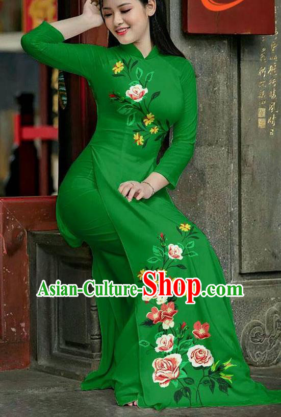 Asian Vietnam Printing Roses Ao Dai Qipao Traditional Vietnamese Cheongsam Costumes Classical Green Dress and Pants for Women