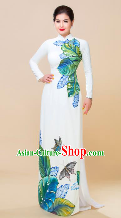 Asian Vietnam Printing Butterfly Ao Dai Qipao Traditional Vietnamese Cheongsam Costumes Classical White Dress and Pants for Women