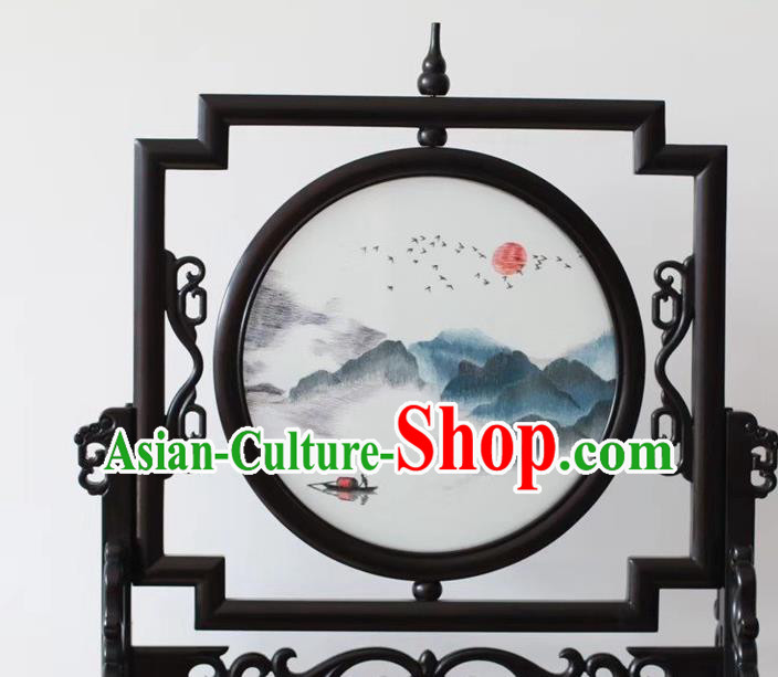 China Suzhou Embroidered Byobu Traditional Embroidery Ornaments Craft Handmade Screen Sunset Glow Painting Desk Screen
