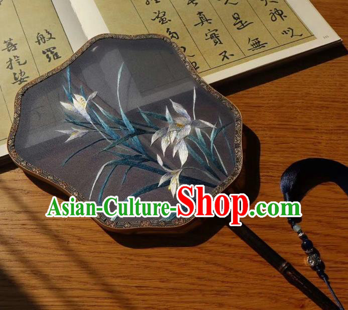 China Ancient Court Lady Palm Leaf Fans Traditional Handmade Embroidered Palace Fan Double Side Fan Embroidery Orchids Black Silk Fan