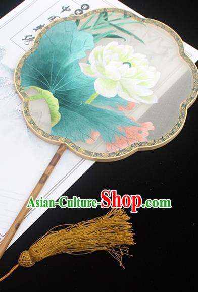 China Classical Silk Fan Handmade Double Side Embroidered Fan Traditional Court Fan Embroidery Lotus Palace Fan