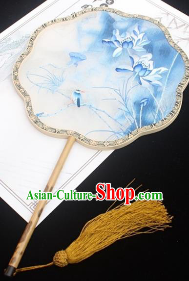 China Traditional Court Princess Fans Classical Silk Fan Handmade Double Side Embroidered Fan Embroidery Blue Lotus Palace Fan