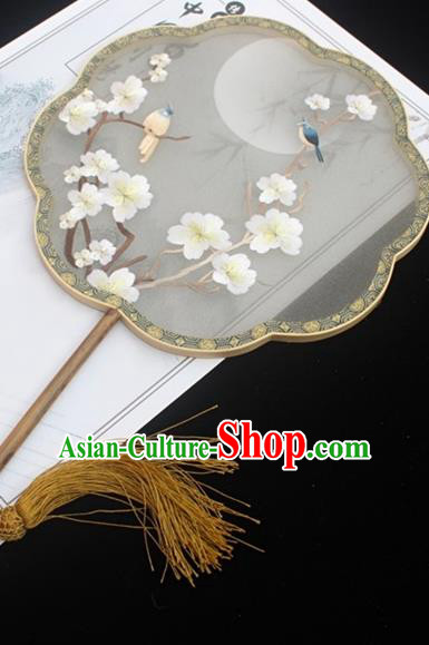 China Embroidery Plum Blossom Palace Fan Handmade Double Side Embroidered Fan Classical Dance Fan Traditional Court Grey Silk Fans