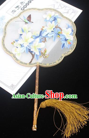 China Embroidery White Flowers Palace Fan Double Side Embroidered Fan Handmade Classical Dance Silk Fan
