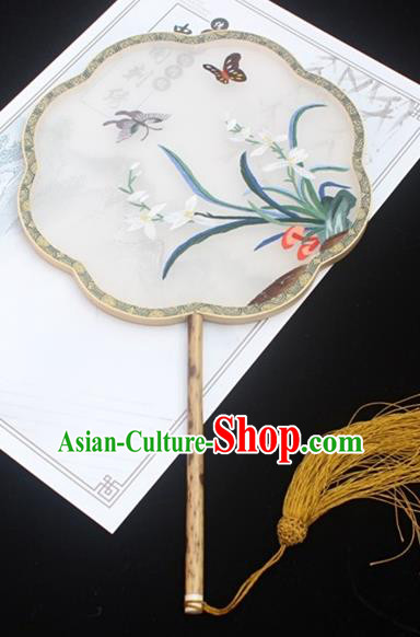 China Double Side Embroidered Fan Handmade Classical Dance White Silk Fan Embroidery Orchid Palace Fan