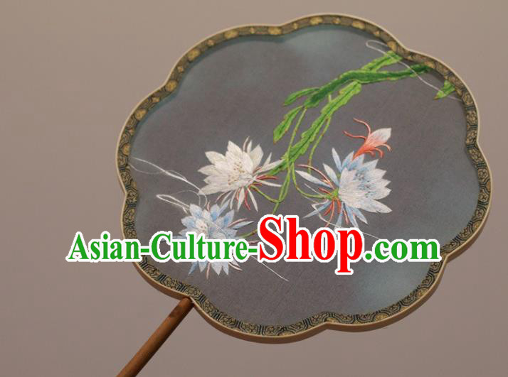 China Classical Dance Black Silk Fan Handmade Double Side Embroidered Fan Embroidery Epiphyllum Palace Fan