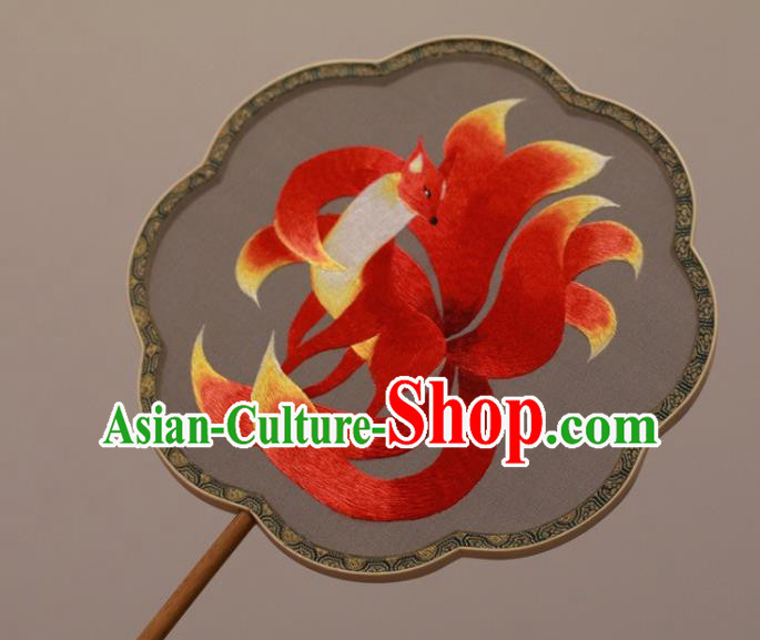 China Handmade Double Side Embroidered Fan Classical Dance Embroidery Red Fox Palace Fan Silk Fan