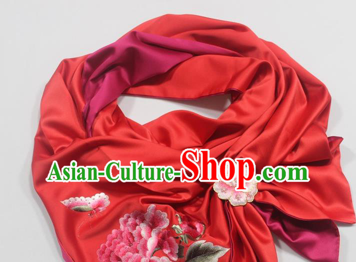 Chinese Embroidered Butterfly Peony Red Silk Scarf with Brooch Cheongsam Collar Accessories