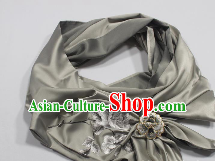 Chinese Embroidered Peony Grey Silk Scarf Traditional Cheongsam Accessories Tippet with Brooch