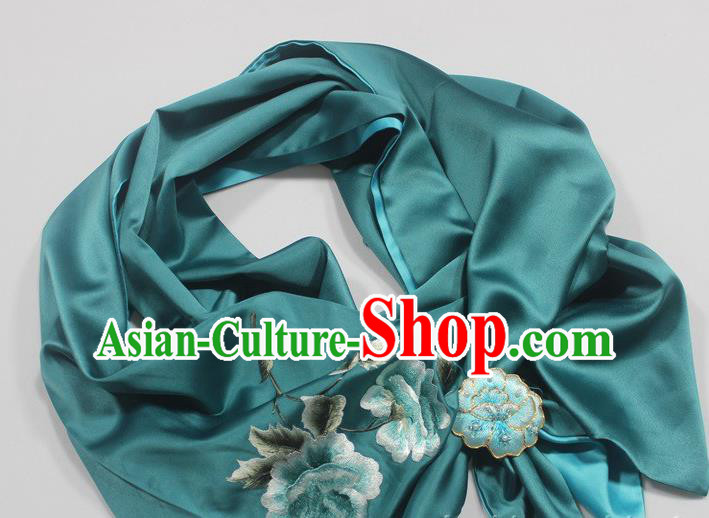 Chinese Traditional Cheongsam Scarf Accessories Top Grade Embroidered Peony Teal Silk Tippet with Brooch