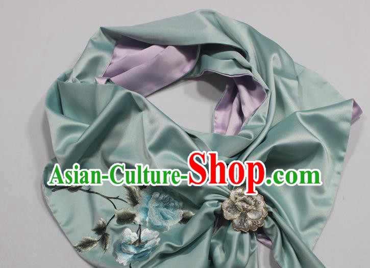 Top Grade Embroidered Peony Blue Silk Tippet Chinese Traditional Cheongsam Scarf Accessories with Brooch