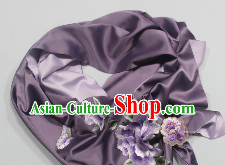 Traditional Embroidered Peony Scarf Chinese Cheongsam Accessories with Brooch Drak Purple Silk Tippet