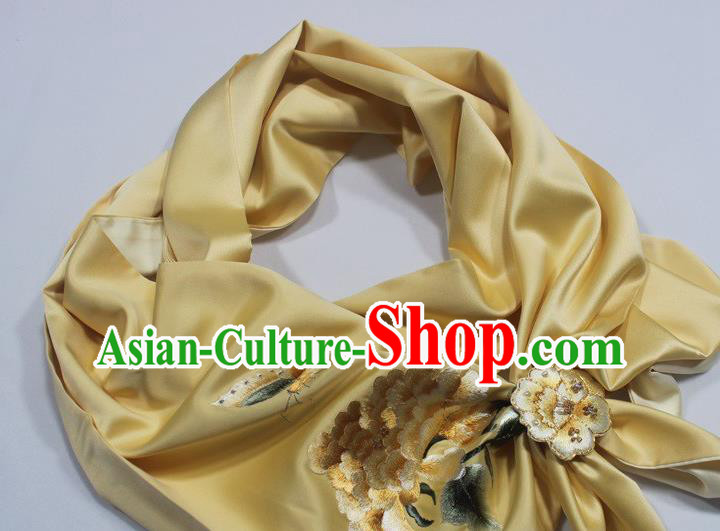 Chinese Yellow Silk Tippet Cheongsam Accessories Traditional Embroidered Peony Scarf with Brooch