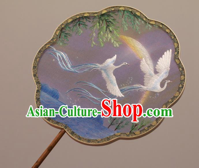 China Traditional Court Fan Double Side Embroidered Fan Handmade Embroidery White Phoenix Fan Classical Silk Palace Fan
