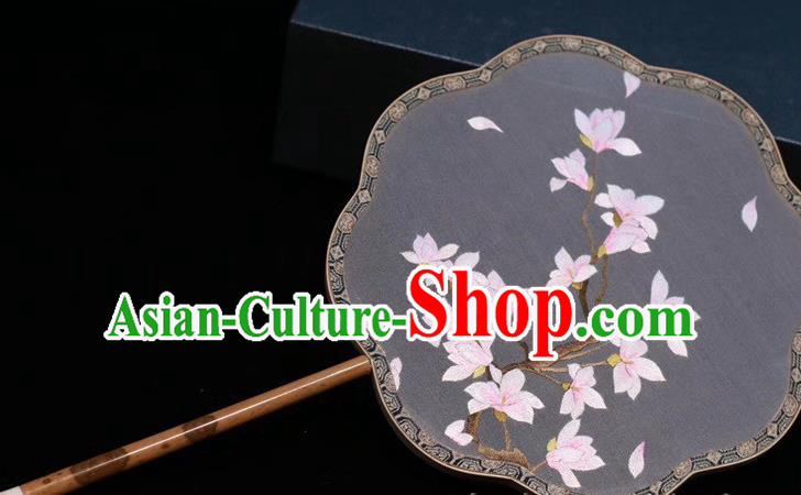 Classical Dance Embroidery Yulan Magnolia Fan Grey Silk Fan China Traditional Handmade Embroidered Palace Fan