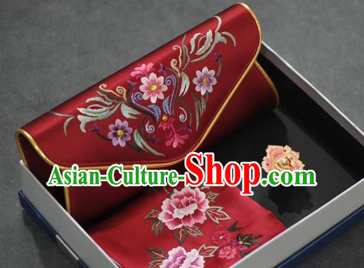 Chinese Traditional Suzhou Embroidery Accessories Embroidered Wine Red Silk Scarf and Handbag Set