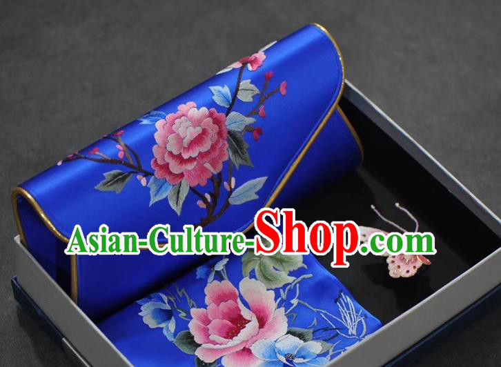 Chinese Embroidered Royalblue Silk Scarf and Handbag Brooch Traditional Suzhou Embroidery Peony Accessories