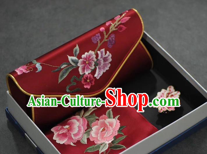 Gift Package Chinese Suzhou Embroidery Cheongsam Accessories Traditional Embroidered Wine Red Silk Scarf Handbag and Brooch