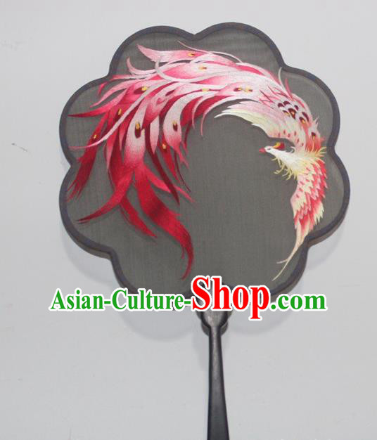 China Handmade Rosewood Double Side Embroidery Palace Fan Traditional Embroidered Phoenix Black Silk Fan