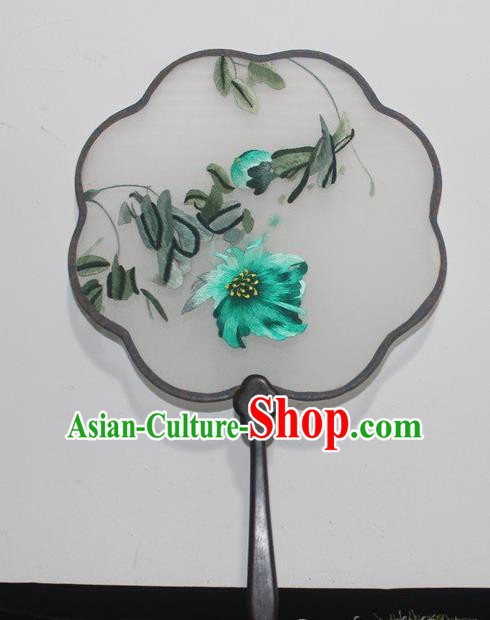 Traditional Dance Double Side Silk Fan Handmade Embroidery Green Flowers Fan China Rosewood Embroidered Palace Fan