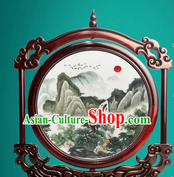 China Traditional Double Side Embroidery Mountain Craft Handmade Rosewood Decoration Suzhou Exquisite Embroidered Desk Screen