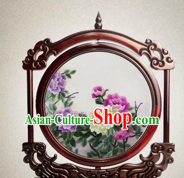 China Double Side Suzhou Embroidery Craft Traditional Embroidered Peony Painting Desk Screen Handmade Rosewood Decoration