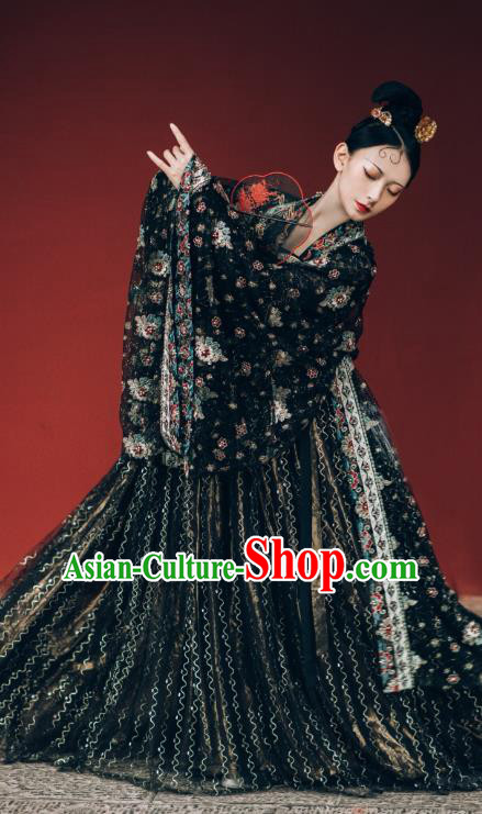 China Ancient Imperial Concubine Black Chiffon Hanfu Dress Traditional Tang Dynasty Historical Costumes Complete Set