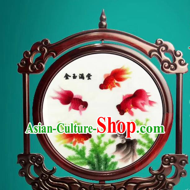 China Traditional Handmade Rosewood Decoration Suzhou Exquisite Embroidered Desk Screen Double Side Embroidery Goldfish Craft