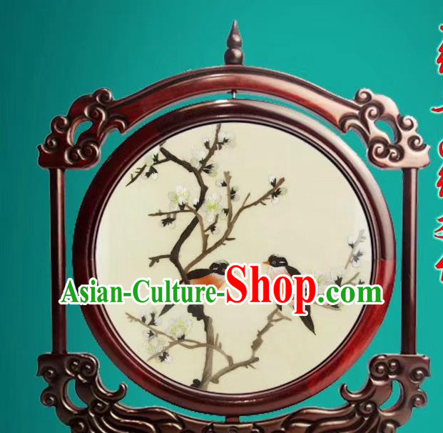 China Traditional Double Side Exquisite Embroidery Craft Handmade Rosewood Decoration Suzhou Embroidered Plum Blossom Desk Screen