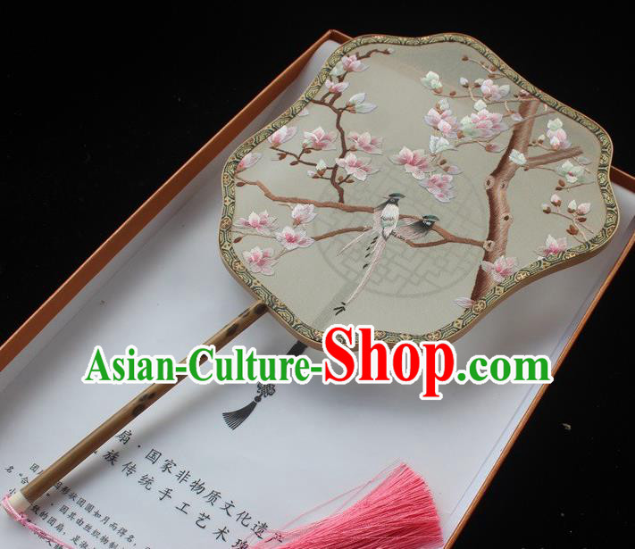 Embroidered Palm Leaf Fans Classical Dance Silk Fan China Handmade Suzhou Embroidery Mangnolia Bird Palace Fan