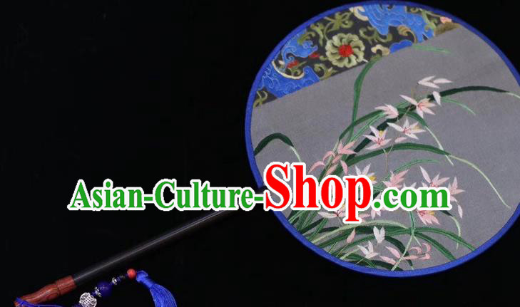 China Court Dance Silk Fans Ancient Bride Fan Handmade Embroidered Round Fan Suzhou Embroidery Orchids Palace Fan