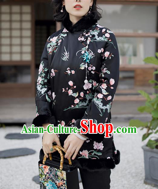 Chinese Black Satin Jacket Traditional National Clothing Winter Outer Garment Women Embroidered Cotton Wadded Coat