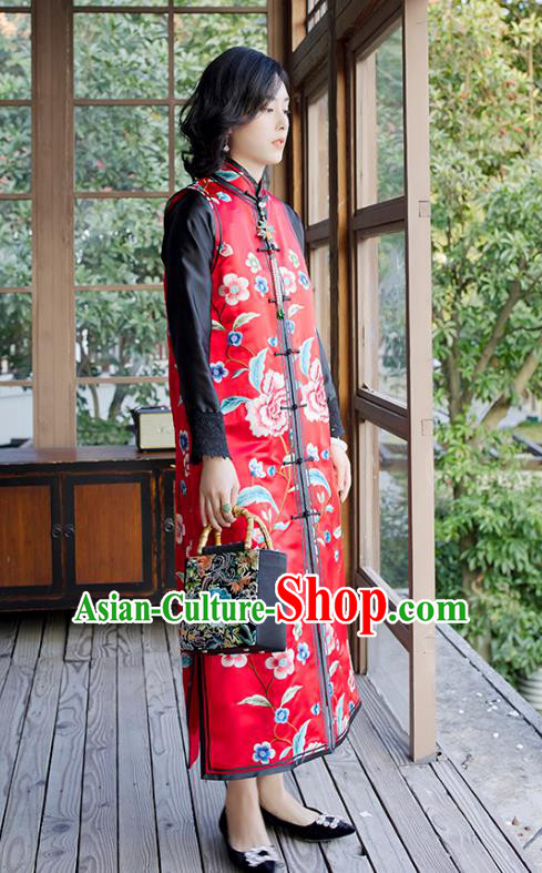 Traditional China Classical Peony Pattern Red Satin Qipao Dress National Clothing Embroidered Vest Cheongsam for Women