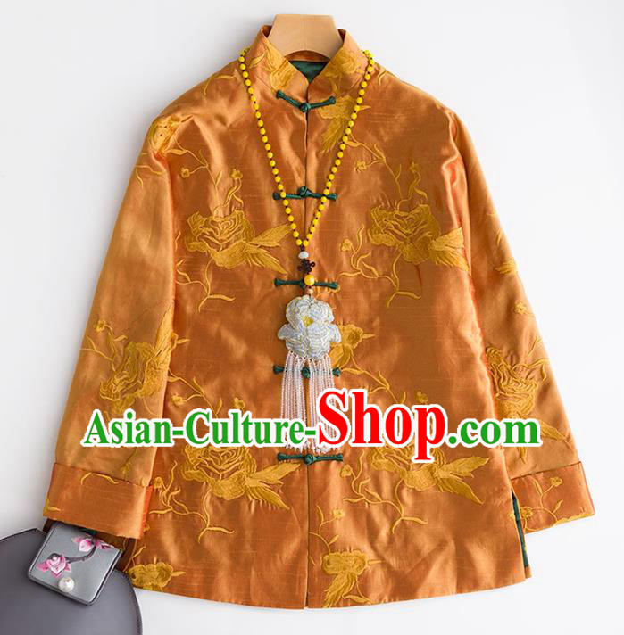 Chinese Embroidered Orange Silk Coat Embroidery Jacket Women Outer Garment Traditional National Clothing