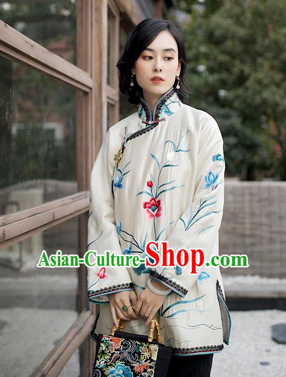 Chinese Traditional Embroidered Lotus Coat Winter Outer Garment National Clothing Women Beige Cotton Wadded Jacket