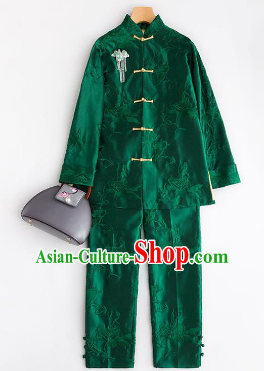 Chinese Traditional National Clothing Women Outer Garment Embroidered Silk Coat Embroidery Peony Deep Green Silk Jacket