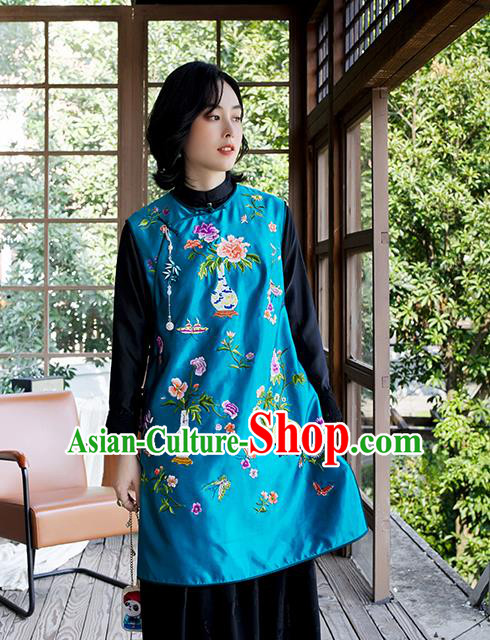 China Embroidered Blue Silk Qipao Vest Women Classical Cheongsam Waistcoat Traditional National Clothing